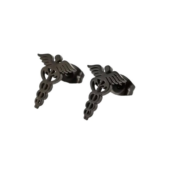 Medical Symbol “Caduceus” Stainless Steel Earrings - Black Tone